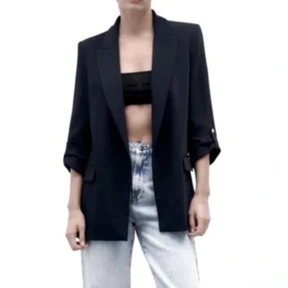 🖤 ZARA Open Front Blazer With Rolled-Up Sleeves | Size S - Picture 1 of 12